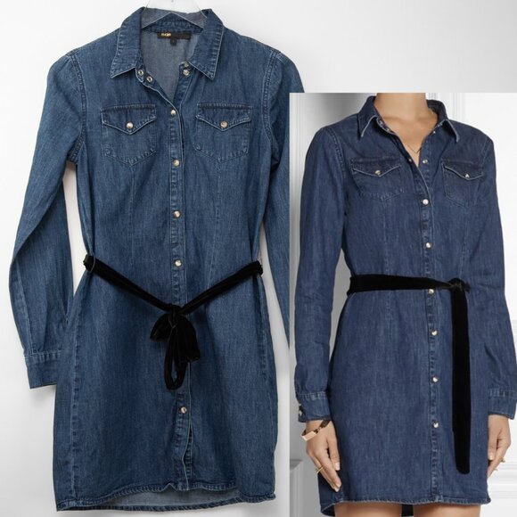 Maje Dresses & Skirts - Maje Ralexa Denim Shirt Dress Velvet Belt Snap Front Blue Size 1 Small